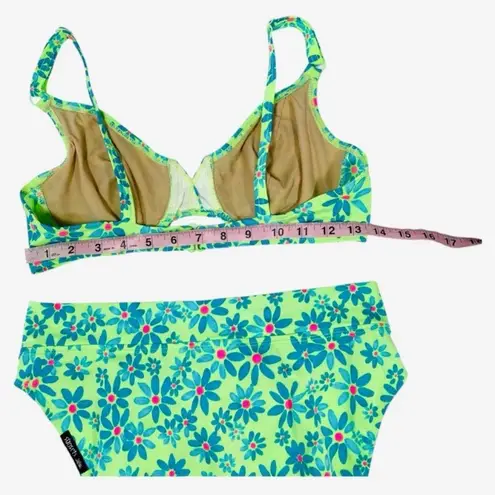 VINTAGE 90s SUNSETS Neon Floral Bikini Set Green Size L
