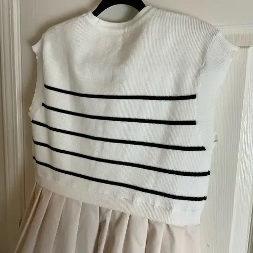 Womens Dresses Striped Knit Top Pleated Loose Swing Mini Short Sleeve Dress S White