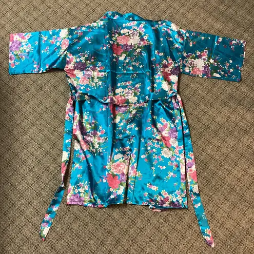 Teal Blue Floral Pink Purple White Satin Robe Size Small