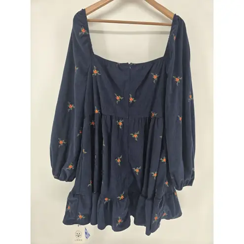 Cider Women's Navy Blue Corduroy Floral Embroidered Long Sleeve Mini Dress 1XL