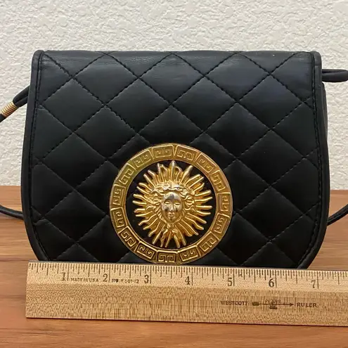 Vintage Unbranded Black Quilted Leather Medusa Sunburst Medallion Crossbody Bag