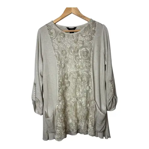 Ali Miles Womens Boho Tunic Top Size Large Beige 3/4 Sleeve Lace Knit Pockets Tan