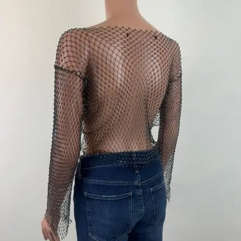 Women's Night Club Festival Party Bejeweled Mesh Crop Top Size Small Black