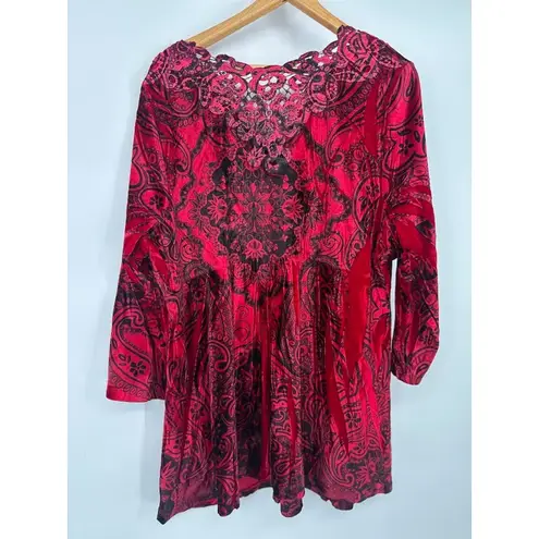 One World Vamp Gothic Victorian Whimsigoth Red Black Velvet Babydoll Long Sleeve Vneck 2X