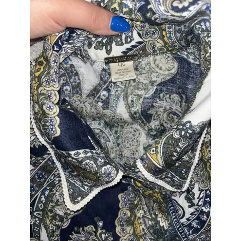 Magaschoni Linen Floral Button Up Size Large Button Tie Front