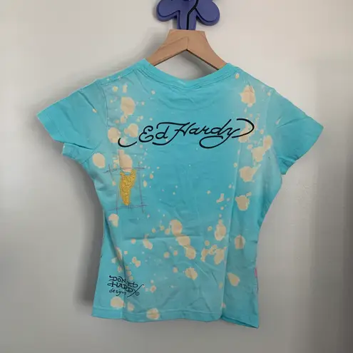 Ed Hardy Small NEW Rabbit Print Sky Blue Baby Tee Splattered Grey Y2K Deadstock