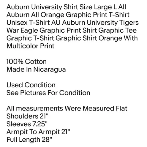 Auburn University Shirt Size Large L All Auburn All Orange Graphic Print T-Shirt Unisex T-Shirt