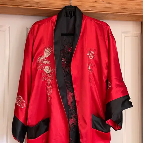 Red and Black Embroidered reversible, Kimono Robe. Free size Size L