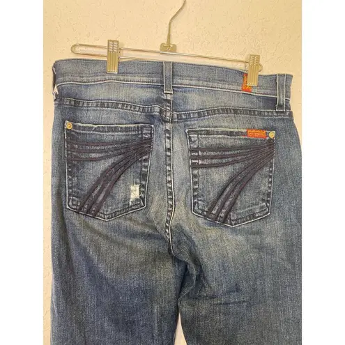 7 For All Mankind 7FAMK Dojo Flare Denim Jeans EUC Sz 27 Long Inseam Distressed Cotton USA