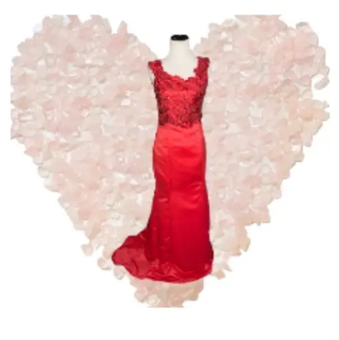 Handmade Red Mermaid Sleeveless Floral Lace Embroidered Beaded Fitted Formal Prom XS