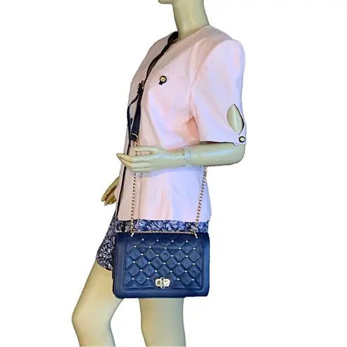 Badgley Mischka BLUE VEGAN LEATHER WITH GOLD TONE STUDS ADJUSTABLE CROSSBODY BAG