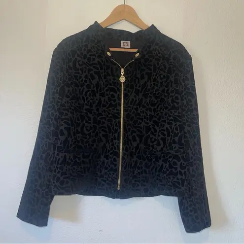 Anne Klein  Black Velvet Leopard Print Zip Up Jacket Blazer Large