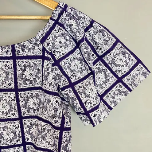 Handmade Blouse Lace Print Ruffled Short Puffed Sleeves Purple White Top Women