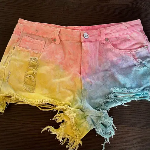 Unif Pastel Tie Dye Jean Shorts Distressed Denim 2010s Cut Offs Festival Rave