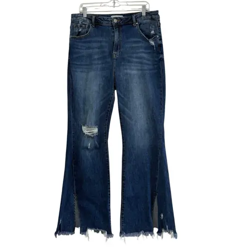 Risen High Rise Front Slit Frayed Hem Flare Jeans Size 1XL Bohemian Hippie Retro Blue