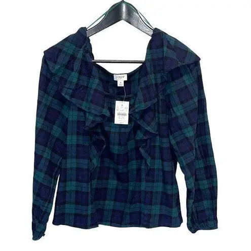 J. Crew Blackwatch Blue Green Flannel Squareneck Ruffle Top Size Small NWT
