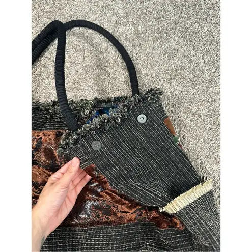 vintage handmade quilted patchwork textured large tote bag purse boho multi Brown