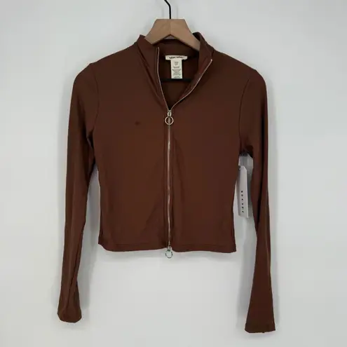 Shosho Brown Ribbed Zip Up Mock Neck Long Sleeve Crop Top Size S
