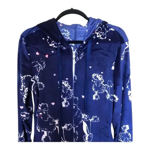 Hale Bob Pajamas NWT White Poodles Navy Pink Trim Wrist Ankles Hoodie Onesie Med