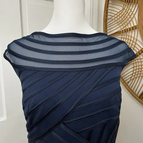 Tadashi Shoji Dress Sz M Navy Blue Bandage, Illusion Boat Neck, Event, Cocktail