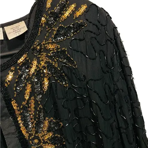 Night Vogue Vintage 80s Silk Black Gold Beaded Sequin Swirly Glam Party Jacket Size 1X