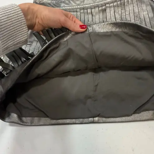 AllSaints Aisha Leather Fringe metallic mini Skirt Size 4 Silver