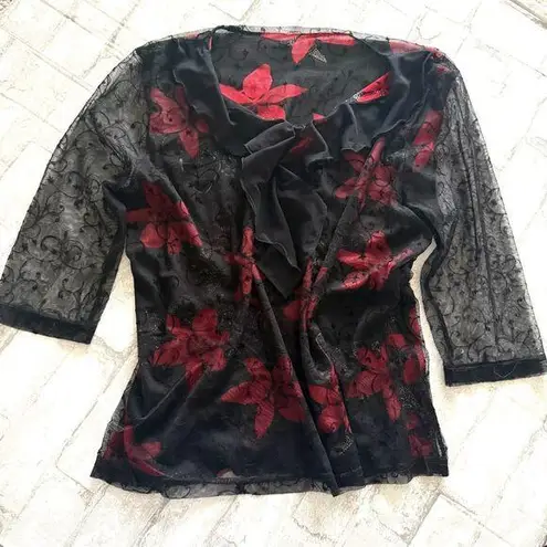 Women's Red Black Floral Mesh Ruffled Crewneck Witchcore Lace Top No Sz Size undefined