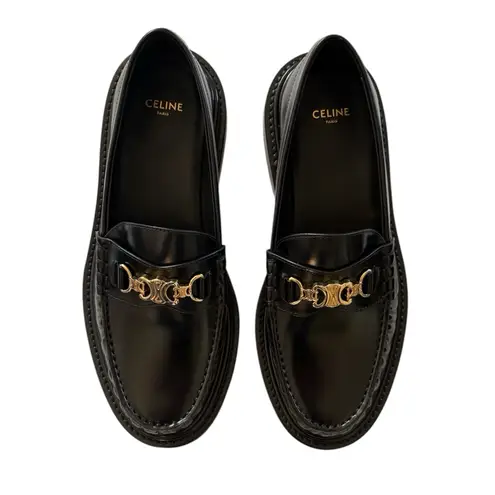 CELINE NEW Women’s Academy Polished Bullskin Triomphe Chain Loafers 39EU Black