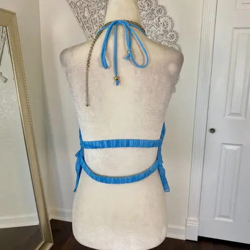 Early 2000's Blue Glitter Ruffle Frilly Cropped Open Back Halter Top M Size M
