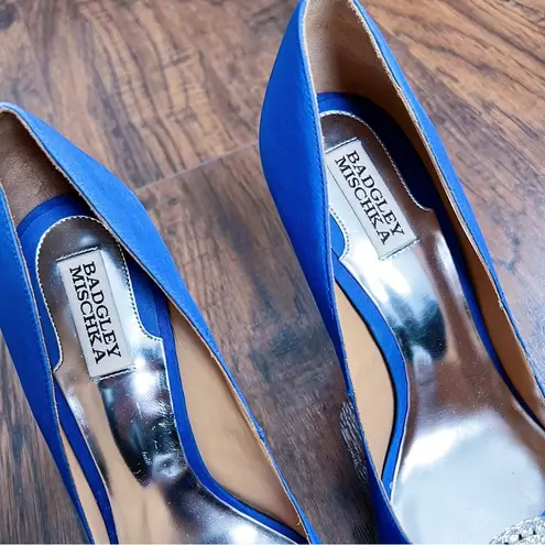 Badgley Mischka • Goodie Peep Toe Pumps satin jeweled Royal Blue Silk crystal