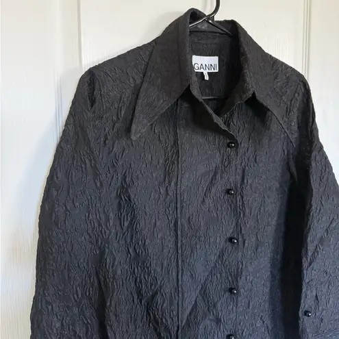 Ganni Jacquard Organza Wide Placket Shirt in Black