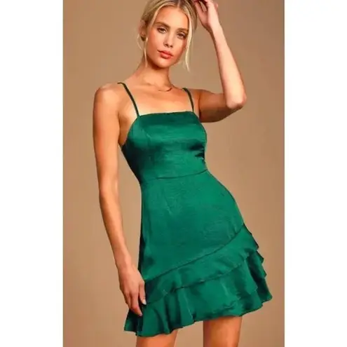 Lulu's Dreams Come True Emerald Green Satin Ruffled Mini Dress