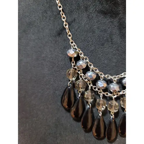 Women’s Black Teardrop Beaded Bib Necklace Silver Chain Faceted Crystal Accents Brown