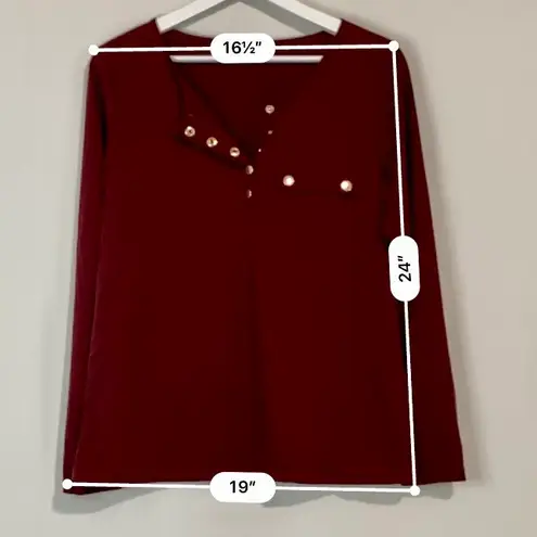 Women’s Long Sleeve Quarter Snap Down Pocket Henley Maroon Size Large NWOT Red