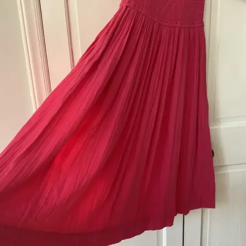 RHODE Harper Smocked Off‎ Shoulder Puff Sleeve Hot Pink Midi Dress Gauze Cotton