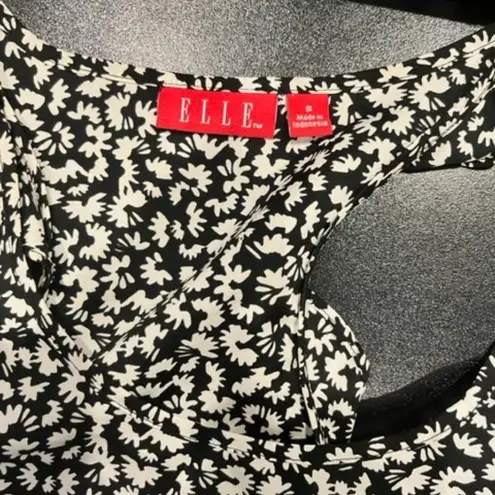 Elle Small Black and White Floral Womens Blouse Tank Top Sleeveless Round Neck