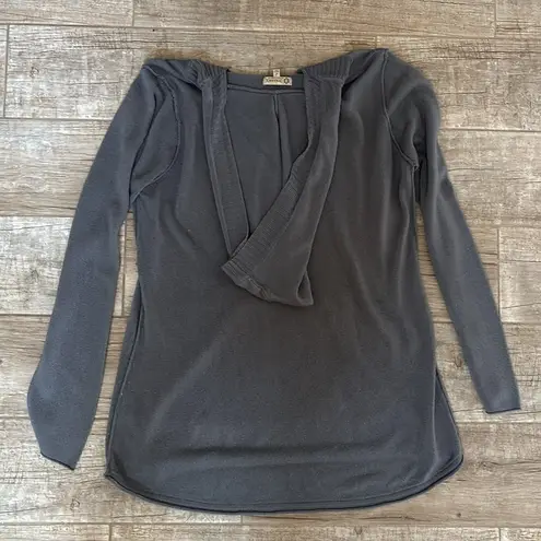 Democracy Women's Charcoal V-Neck Hooded Sweater. 100% acrylic