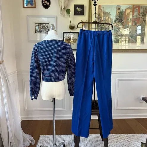 Vintage 70s 2pc Blue White Wide Leg High Rise Pants Crop Top S M 4 6 Size M