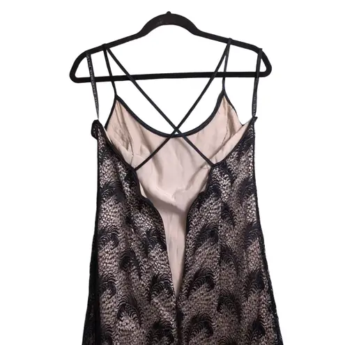 Jessica McClintock Black Nude Lace Criss Cross Back Maxi Slip Dress Vintage 12