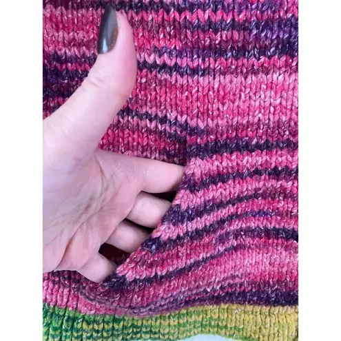 Hand Knitted Woolen Full Zip Hooded Sweater Jacket Womens Natives Hands Colorful Pink Size M