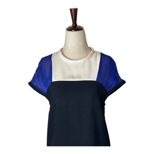 Maje Blue White And Black Colorblock Silk Detail Crew Neck Mini Shift Dress S