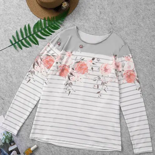 WHITE FLORAL STRIPED PRINT LONG SLEEVE TOP Size undefined