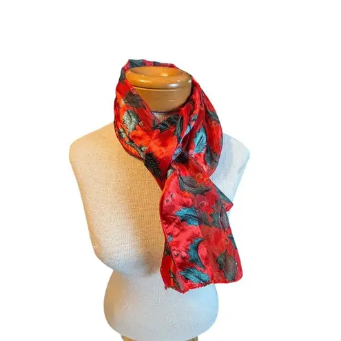 Vintage Red & Green Holly Print Velvet Scarf Red