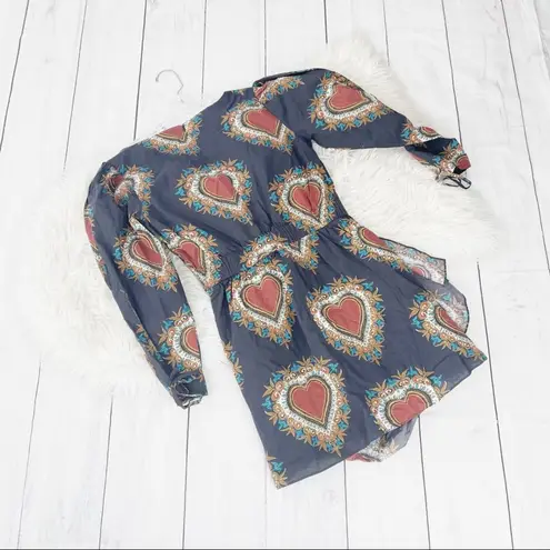 Rhode Piper Blue Ebony Heart Print VNeck Long Puffed Sleeve Size Large NEW