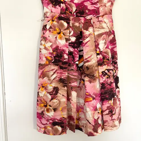 Muse Floral Print Pleated Fit & Flare Dress Pink Brown Women's Size 8