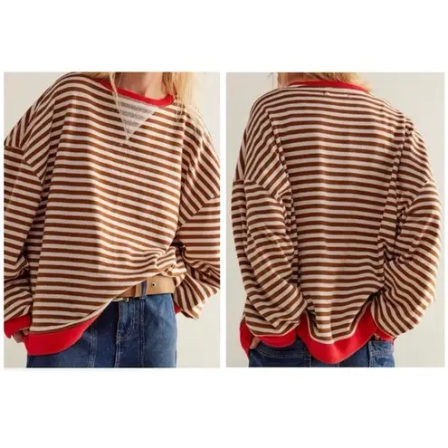 Free People NWT  We the Free Classic Striped Oversized Crewneck - Coffee Combo L