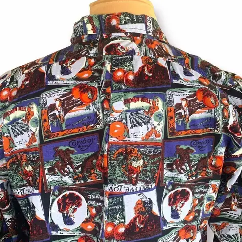 Vintage Mine & Bills Outfitters Shirt Western Button Up Retro Orange Crate Art Size L