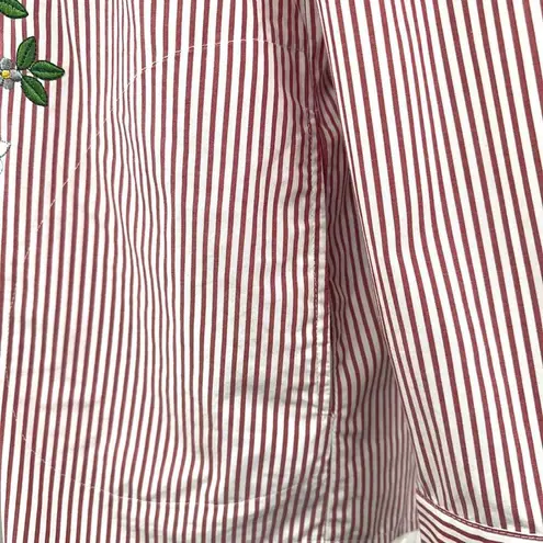 JOAN RIVERS Red White Striped Button Shirt Floral Embroidery Womens S Bohemian