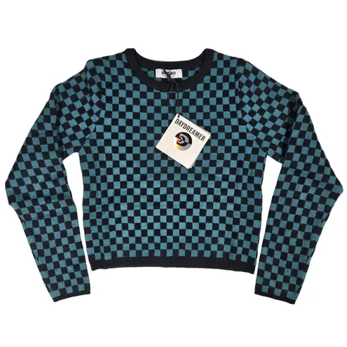 Daydreamer Checkerboard Crop Sweater Teal Black Long Sleeve Knit Women's XS - Image 2