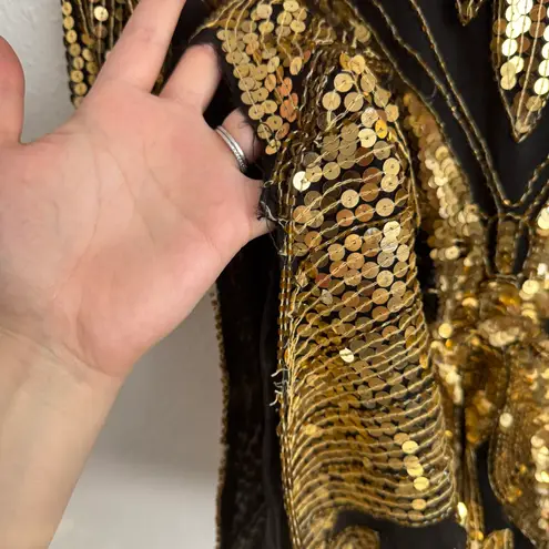 Vintage 70s Gold Black Silk Sequin Beaded Butterfly Boho Disco V Neck Drape Top